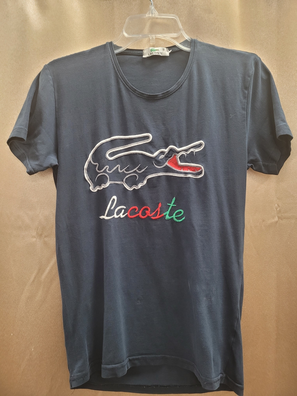 Lacoste Navy Short Sleeve Tee with Embroidered Croc and Tricolor Script